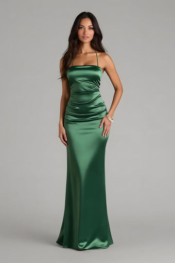 Dark Green Satin Mermaid Spaghetti Straps Long Bridesmaid Dress